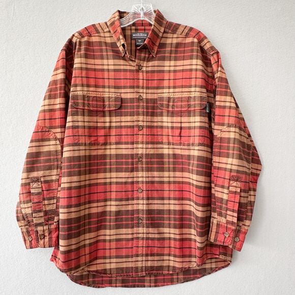 Woolrich Mens Large Red Orange Brown Plaid Classic Long Sleeve Button Work Shirt - Picture 1 of 14